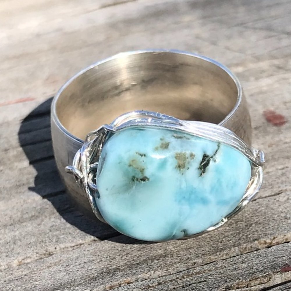Larimar Unisex Ring Sterling Silver 925 Statement Cigar Band Bohemian Boho .Mens